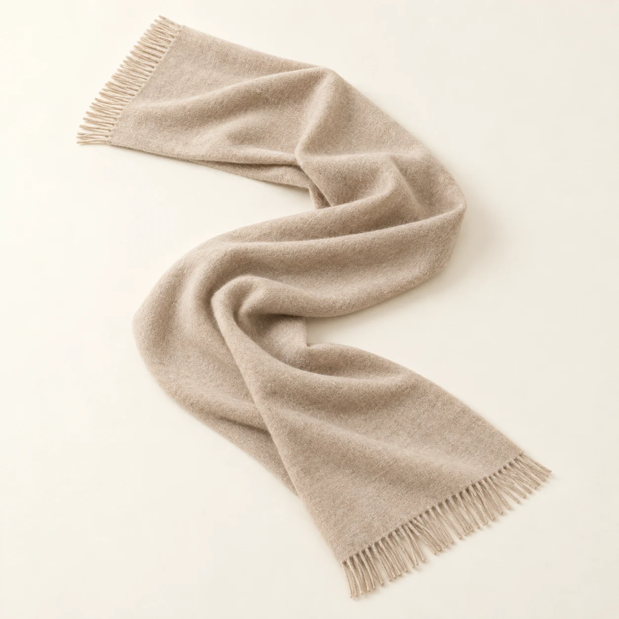 Oatlight Cashmere Scarf in Oatmeal, cashmere texture and complete design