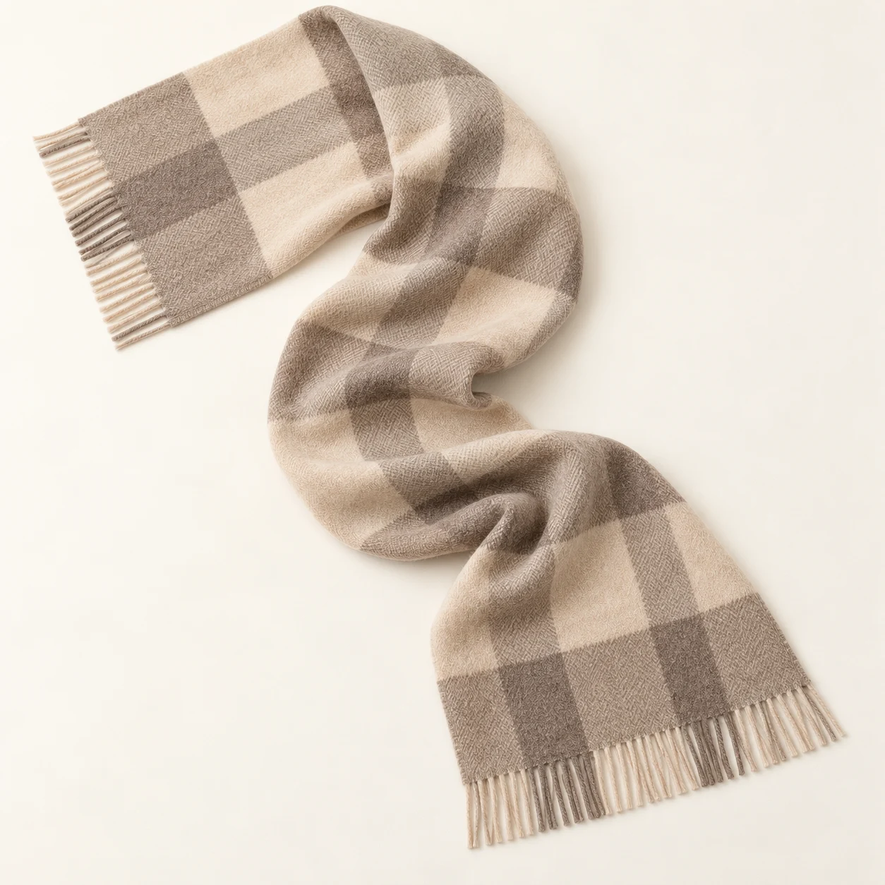 Quiet Check Cashmere Scarf in Beige / Taupe, cashmere texture and complete design